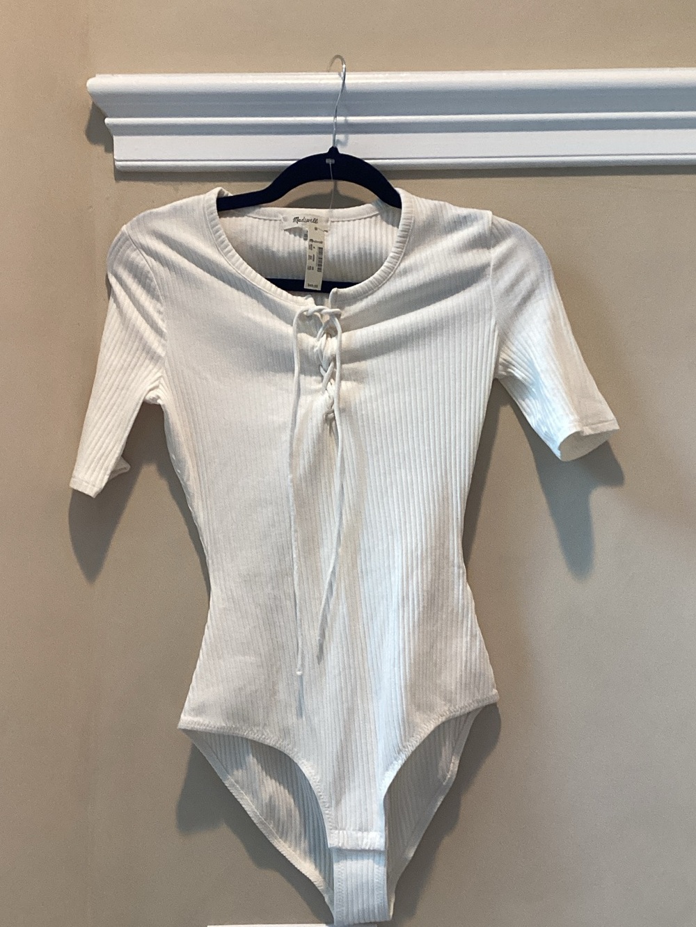 Madewell Off White Ribbed Lace-Up Short Sleeve Bodysuit